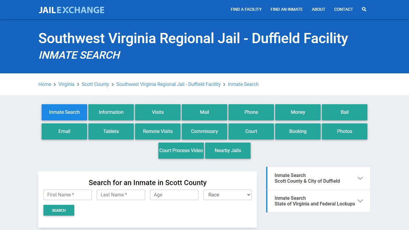 Southwest Virginia Regional Jail - Duffield Facility Inmate Search